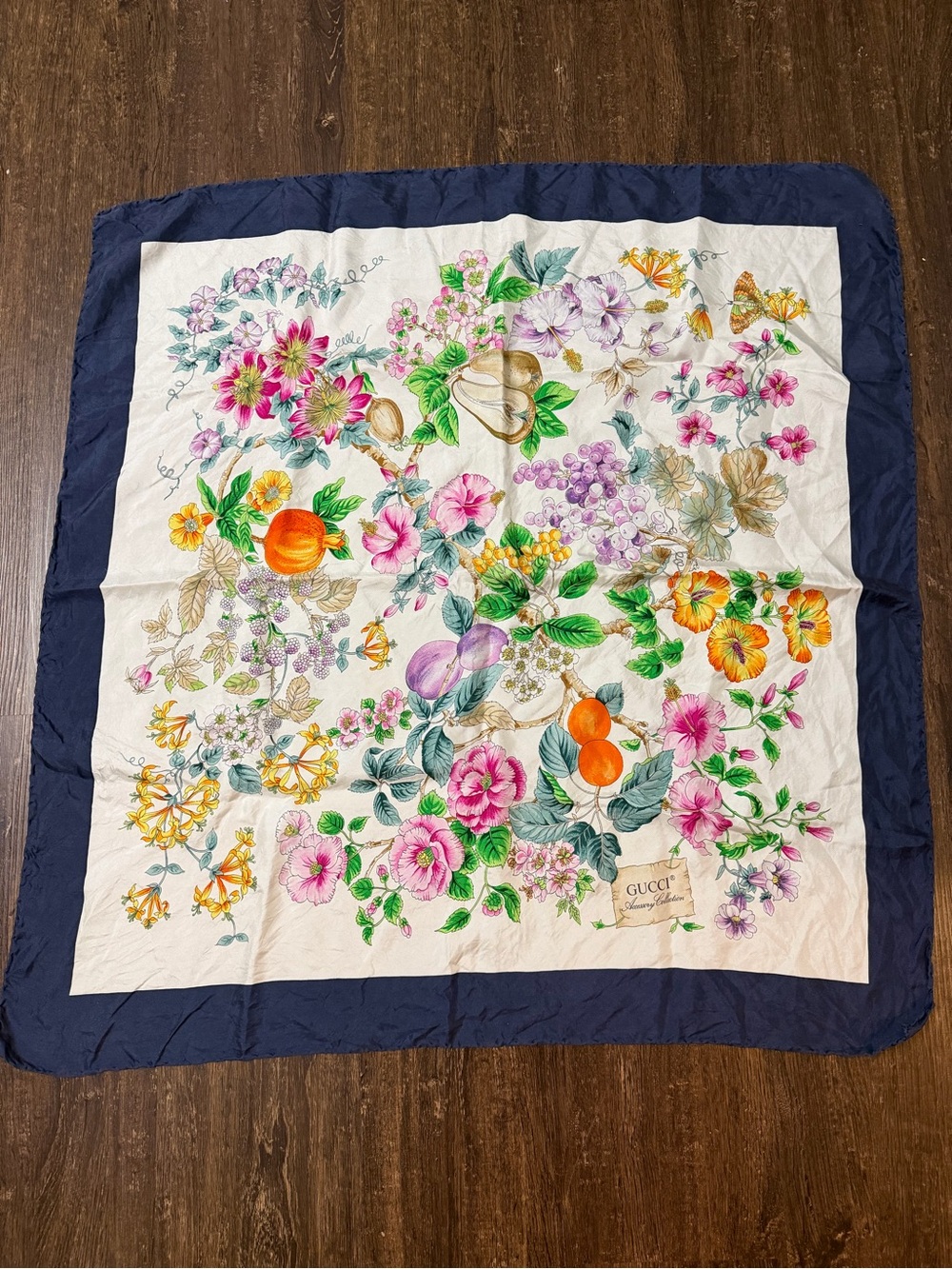 Gucci Cream Floral & Fruit Silk Twill Scarf / Carré with Navy Border